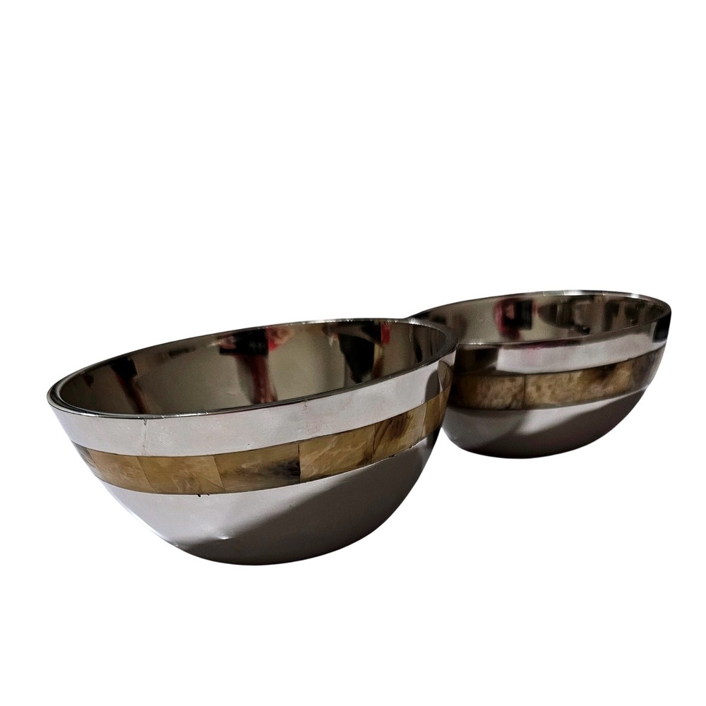 Stainless Steel Nesting Bowls Set of 2 Silver with Shell Inlay Mosaic Band VTG
